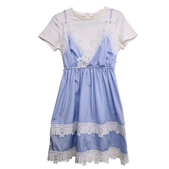 HD in Paris Anthropologie Blue Stripe Lace Dress XXS Cottagecore Whimsical - Picture 6 of 10